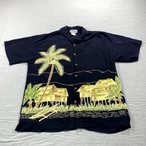VINTAGE Back East Hawaiian Shirt Mens Medium Black Button Up Casual Camp Adult